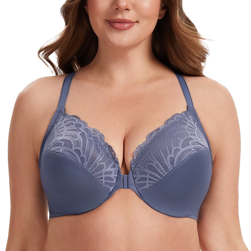 MELENECA Women's Racerback Front Closure Lace Unlined Plus Size Full Coverage Underwire Bra Slate Blue 34B