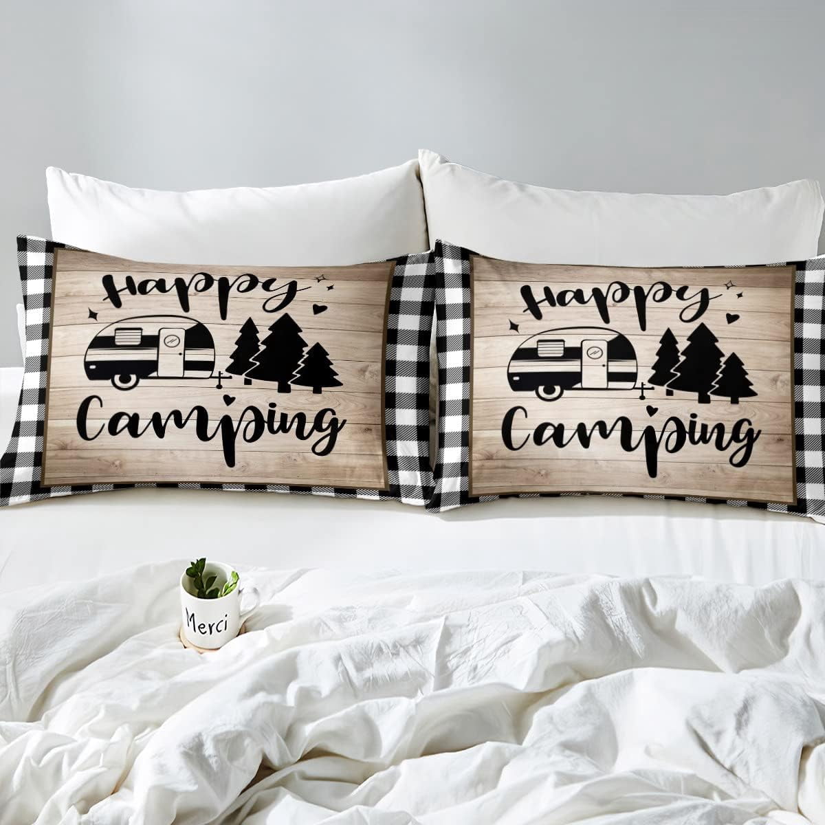 Girls Duvet Cover Set Queen, 3 Piece Rustic Farmhouse Plaid Camper , Pine Happy Camping Bedding Set Soft Breathable All Season for Teens and Kids