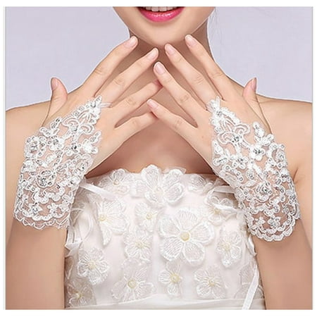 Urparcel Lace Wedding Brides Rhinestone Satin Fingerless Short Gloves White