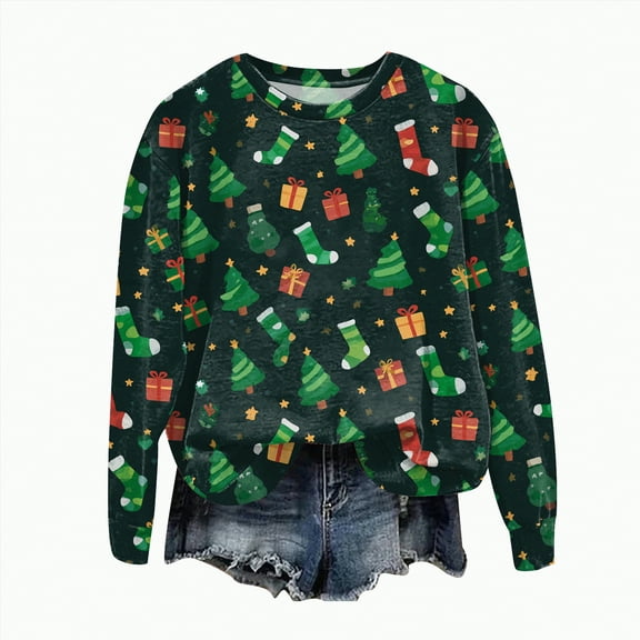 UngA Women's Christmas Sweatshirts Xmas Women Drop Shoulder Sweatshirt Long Sleeve Pullover Tops Woman Sweatshirt (Dark Green,S)