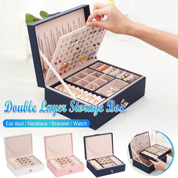 Ganfancp Caja Organizadora de Joyería de Cuero Grandes Cajas de Joyería Pendientes Organizador de Almacenamiento de Doble Capa de Visualización con Bandeja Extraíble Elegante Caja de Joyería Ofertas