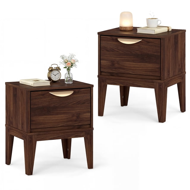 Gymax 2 Pcs Nightstand w/ Storage Mid Century Modern Bedside Table w/ Drawer