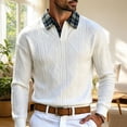 thumbnail image 6 of Plaid Collar Textured Jacquard Knit Polo Shirt for Men, V Neck Long Sleeve Buttonless Vintage Casual Sweater White, 6 of 9