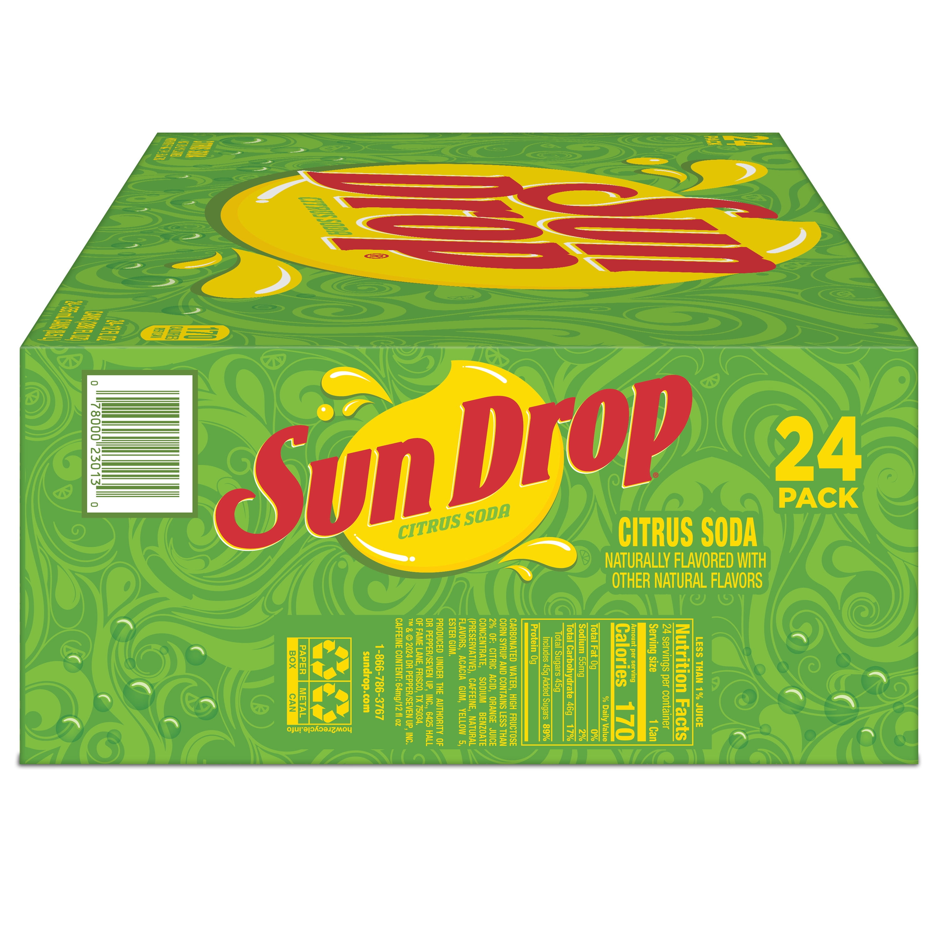 Sun Drop Citrus Soda Pop, 12 fl oz, 24 Pack Cans