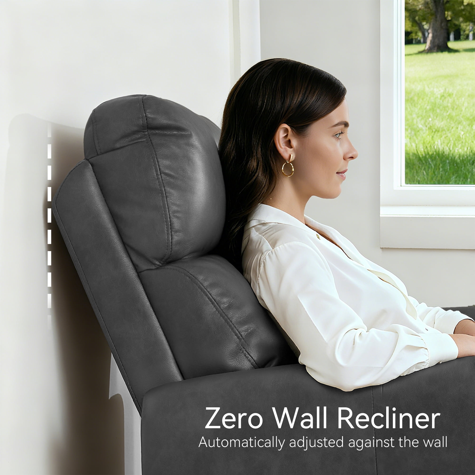 MCombo Zero Wall Hugger Power Recliner Chair for Small Spaces, FSC Certified, Faux Leather, Dark Grey
