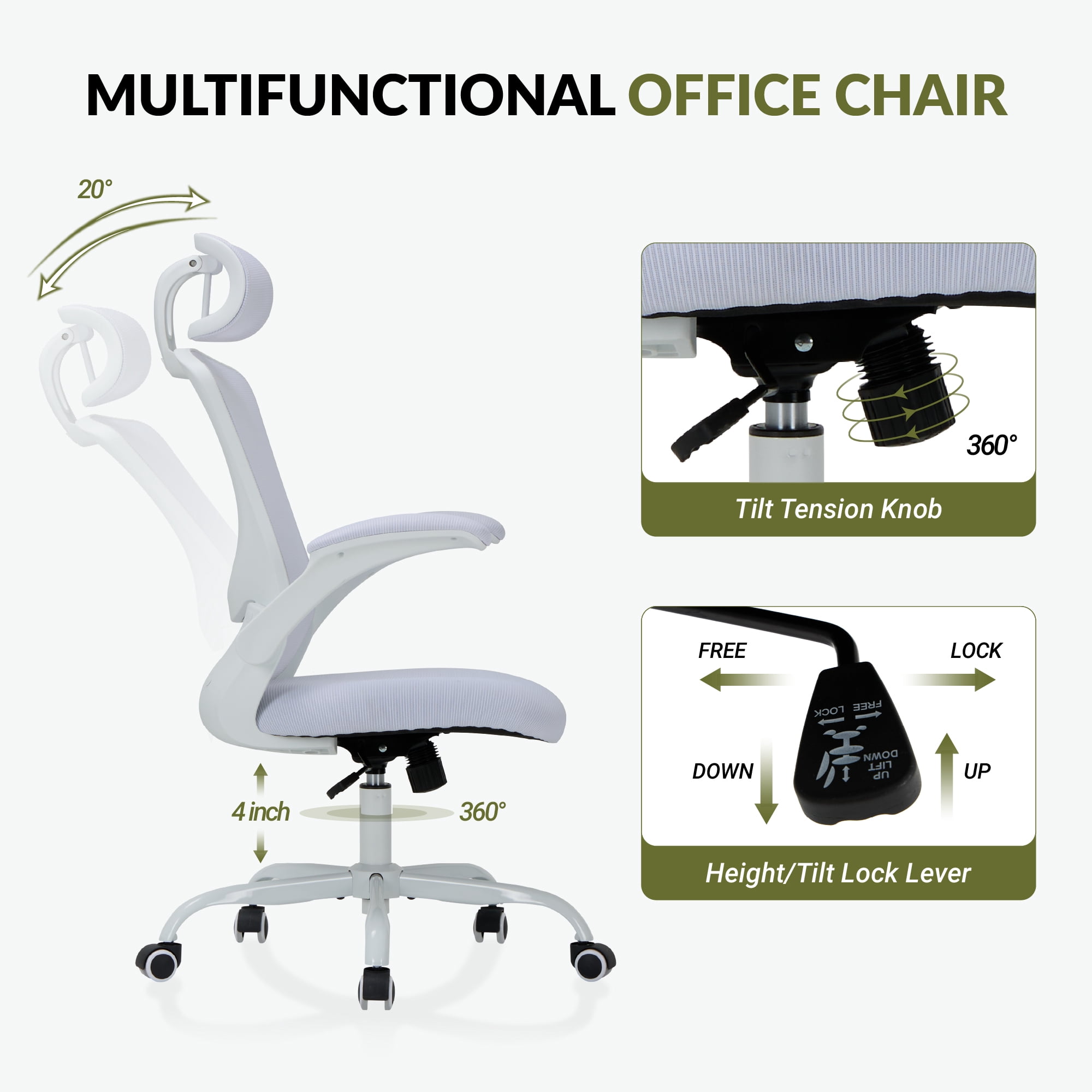 AFO High Back Ergonomic Office Chair, Adjustable Lumbar Support & Headrest Mesh Desk Chair with Flip-Up Arms, 275lbs Heavy Duty Metal Base Computer Task Chair for Home Office, White