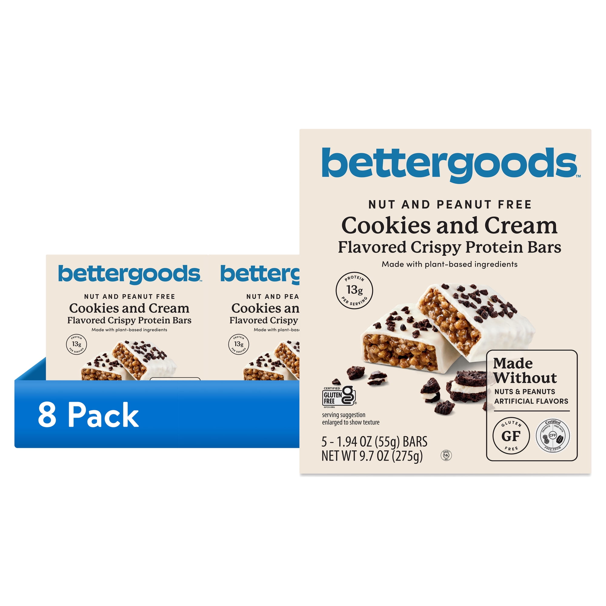 (8 pack) bettergoods Cookies and Cream Flavored Crispy Protein Bars, 9.7 oz, 5 Count