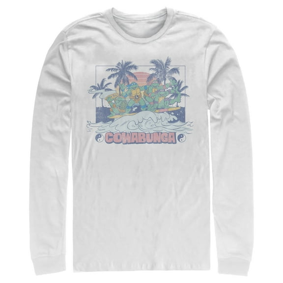 Men's Teenage Mutant Ninja Turtles Distressed Tropical Beach Long Sleeve Shirt White X Large