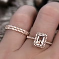 thumbnail image 6 of 9x7mm 4.75 Carat Emerald Cut Morganite Wedding Set Diamond Moissanite Bridal Ring 10k Rose Gold Thin Eternity Band Half Eternity, 6 of 7