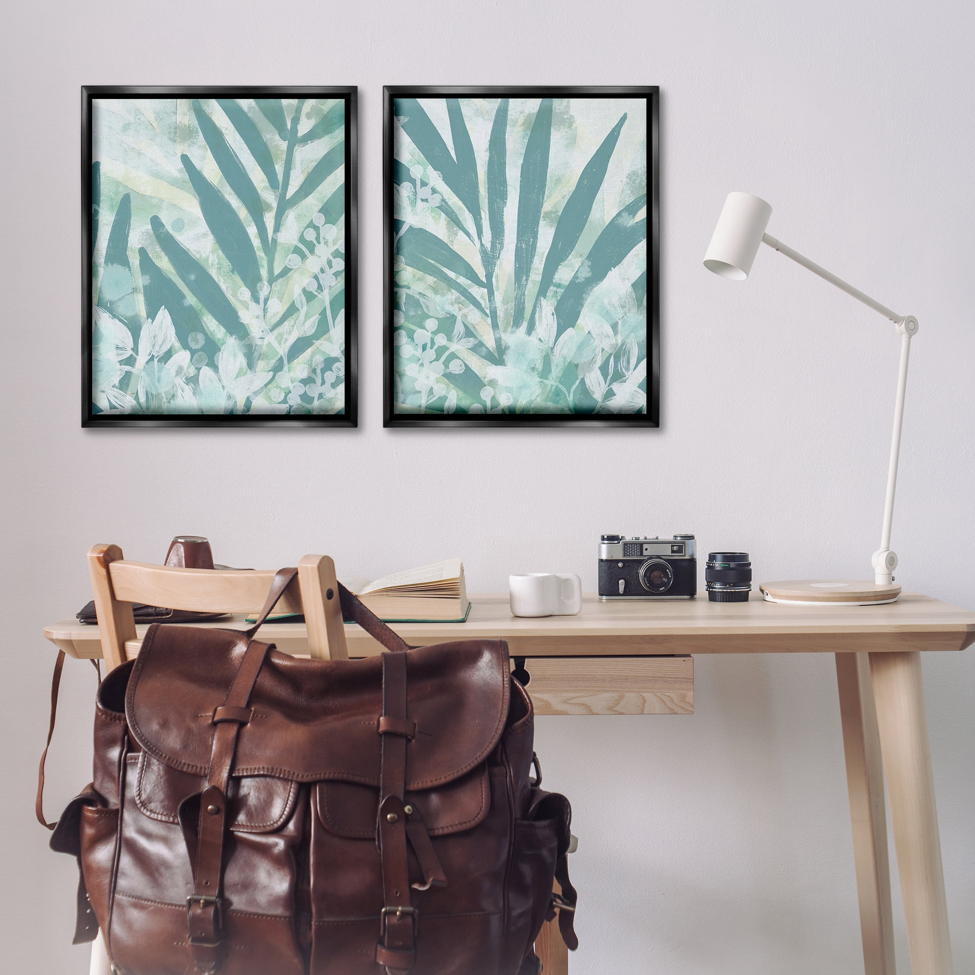 Stupell Industries Teal Palm Fronds Plants & Flowers Painting Black Floater Framed Canvas Art Print Wall Art, 31 x 25, Set of 2