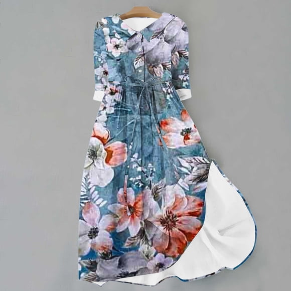 UPPADA Womens Plus Size Short Sleeve Dress Loose Fit Floral Print Long Dress Waist Drawstring Flowy Dress Casual Summer A-Line Flowy Midi Dresses with Pockets Blue,XXXL