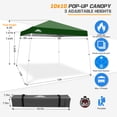 thumbnail image 4 of EAGLE PEAK 10x10 Slant Leg Pop Up Canopy Tent Easy One Person Setup Instant Outdoor Beach Canopy Folding Portable Sports Shelter 10x10 Base 8x8 Top(Green), 4 of 10