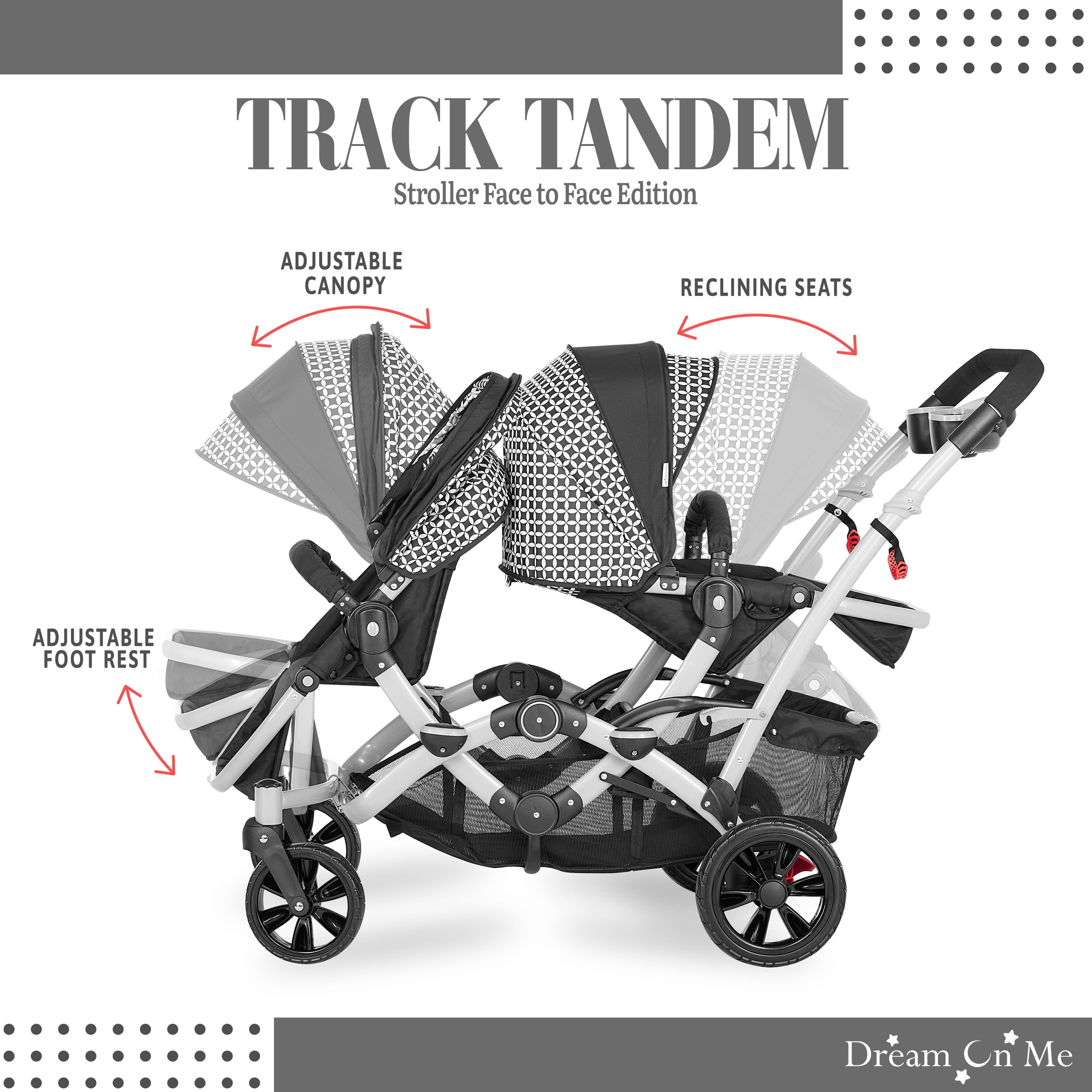 Dream On Me Track Tandem Stroller- Face to Face Edition, Black and White