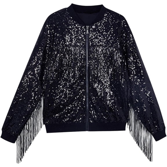 Yuanlook Kids Long Sleeve Zip Up Fringe Sequin Casual Jacket Coat For Kids