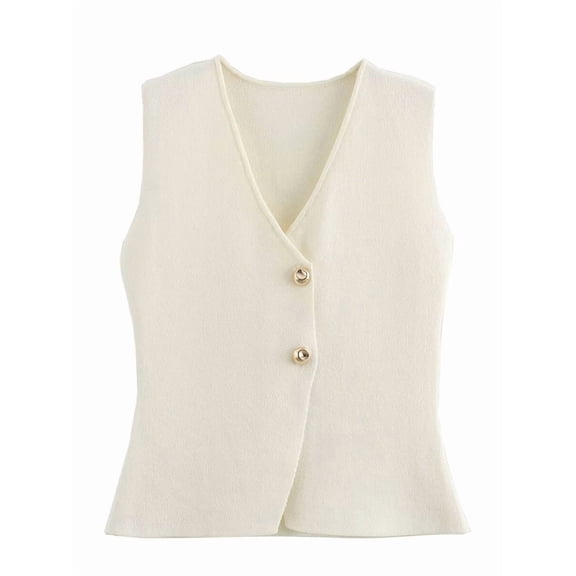 Women'S V Neck Button Front Knit Vest Sleeveless Cropped Cardigan White S