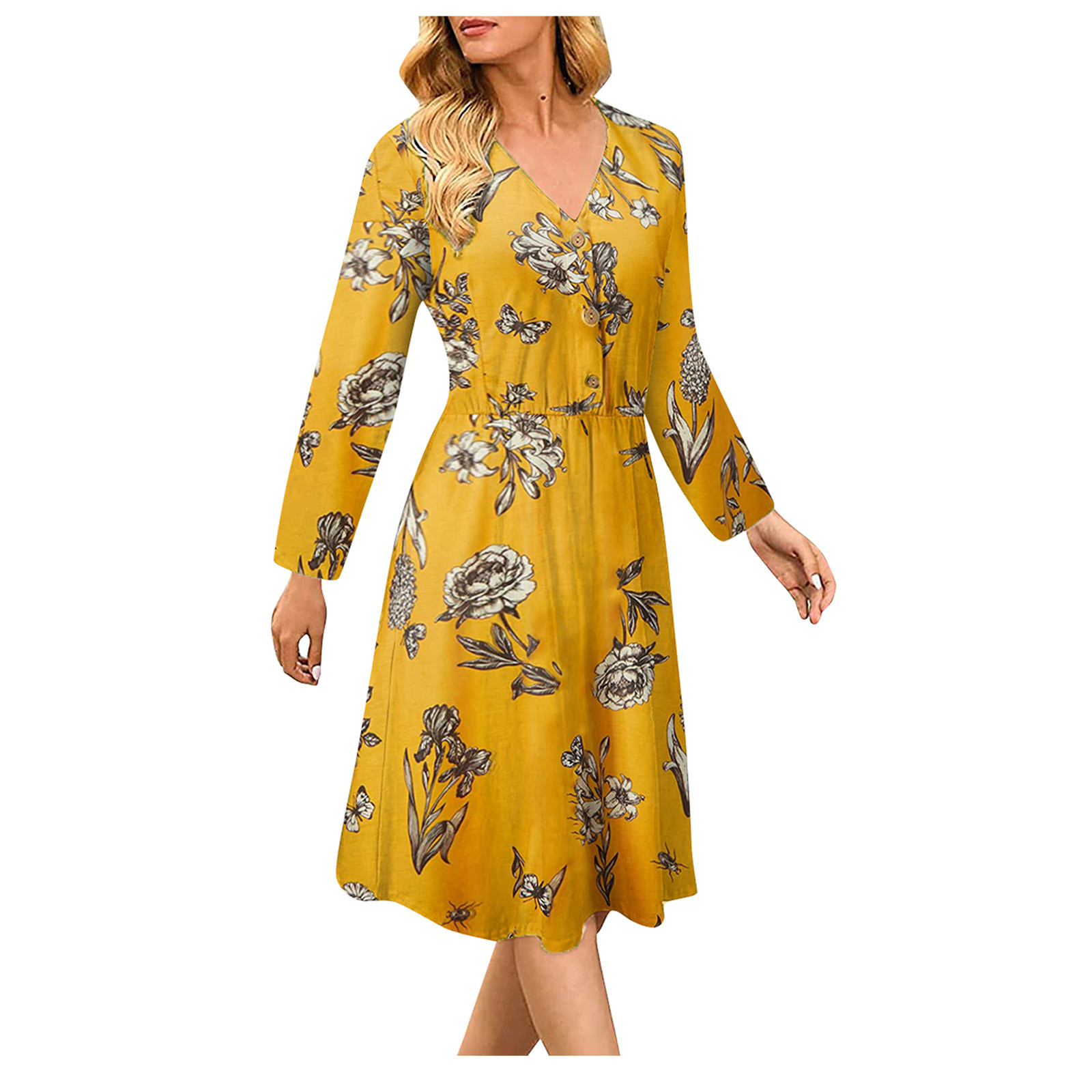 Womens Dresses Fashion V Neck Long Sleeve Floral Print Casual Knee