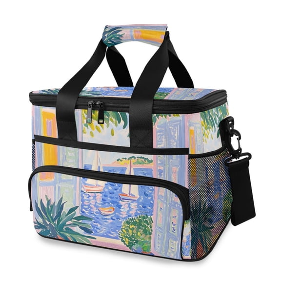 FORMRS Insulated Cooler Bag 24 Cans Capacity Soft Leakproof Lunch Box with Side Pockets, Seaside Boat