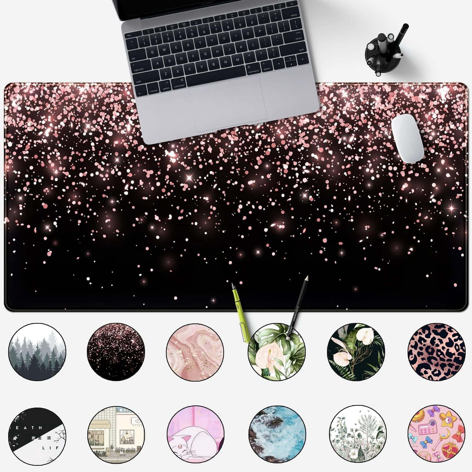 Rose Gold Glitter Black Desk Mat Extended Mouse Pad XXL Office Desk 31.5x15.7 in Accessories for Women Girl Gamer Full Desk Large Gaming XXL Mousepad Laptop Computers Keyboard Office Mouse Mat