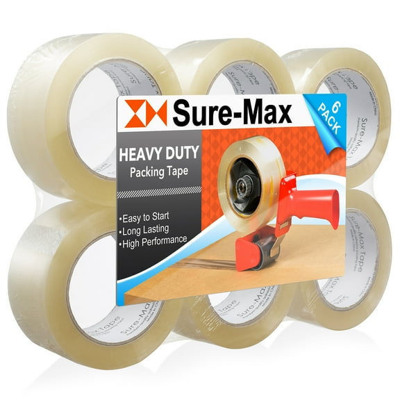 Sure-Max 6 Rolls Heavy-Duty Shipping & Packing Tape (2" x 120 yard/360' each) - Moving & Adhesive Carton Sealing - 2.7mil Clear
