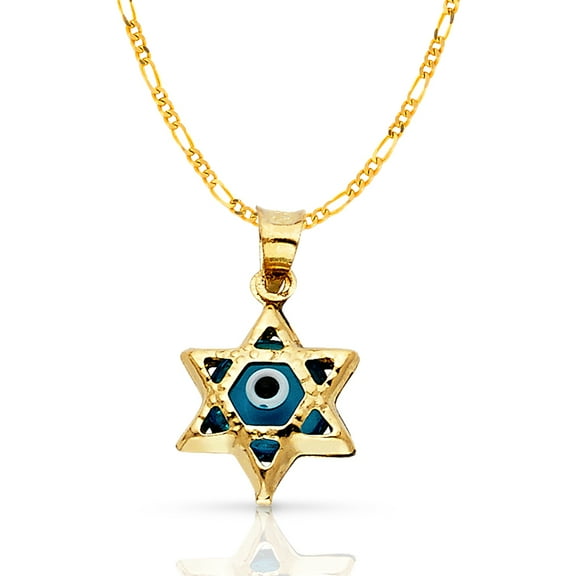 Ioka-14K Yellow Gold Evil Eye Star Charm Pendant with 1.2mm Figaro 3 1 Chain Necklace - 16"
