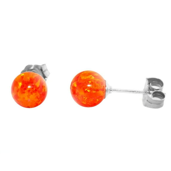 Orlena: 6mm Orange Fire Synthetic Opal Ball Stud Post Earrings 14K White Gold