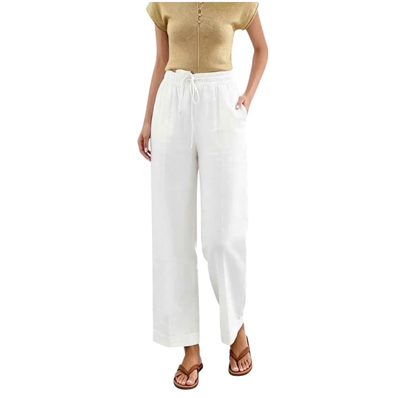 hoksml Summer Women Linen Casual Pants Elastic High Waist Straight Leg Trousers, Loose Beach Vacation Pants with Pockets