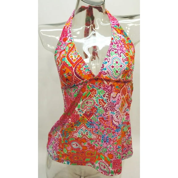 Chaps Multicolor Paisley Floral Print Triangle Bra Halter Tankini Top Swimwear Women's 8