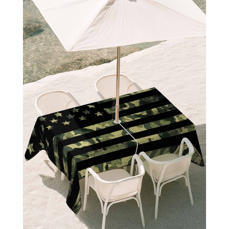 camo patio table umbrella Outdoor Tablecloth with Umbrella Hole, Green Camouflage American Flag  Spillproof Waterproof Outdoor Table Cover, Wooden Grain Patio Tablecloths  for