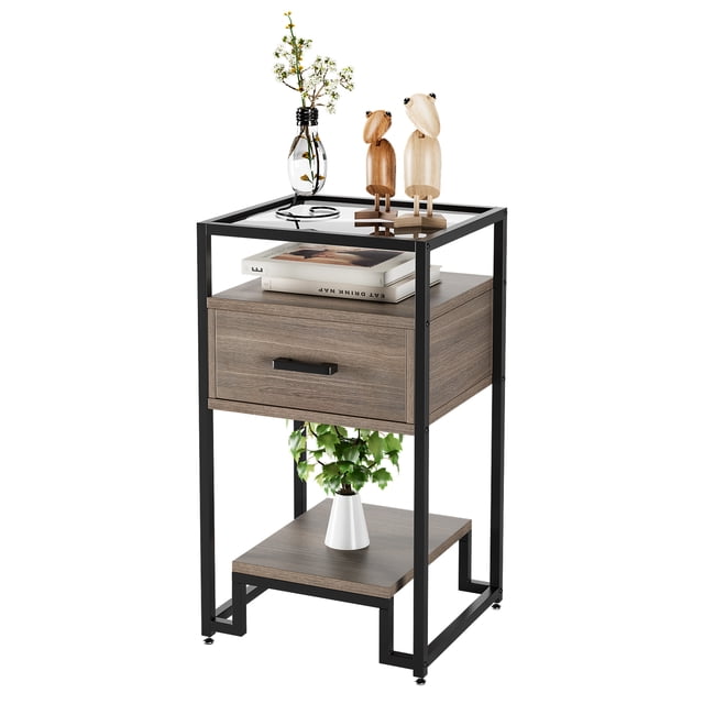 Yeshouse Mesa de centro cuadrada de 3 niveles con estantes abiertos, tablero de vidrio templado, cajón y estructura de acero, ideal para sala de estar o dormitorio, color marrón y negro