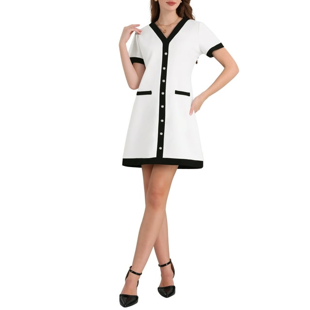 VESTIDO DE MUJER CON COLOR DE CONTRASTE CUELLO EN V MANGA CORTA ELEGANTE A-LINE S BLANCO