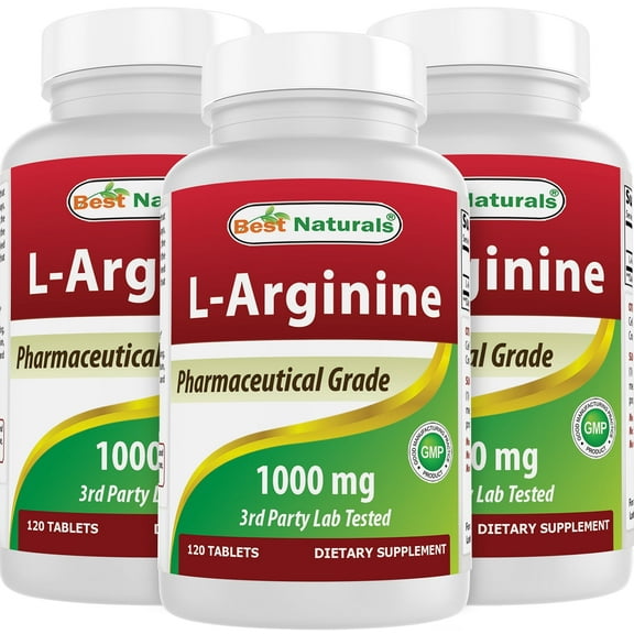 3 Pack (New Improved Formula) Best Naturals L-Arginine 1000 mg 120 Tablets - Pharmaceutical Grade L Arginine supplement promotes nitric oxide synthesis