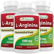 3 Pack (New Improved Formula) Best Naturals L-Arginine 1000 mg 120 Tablets - Pharmaceutical Grade L Arginine supplement promotes nitric oxide synthesis