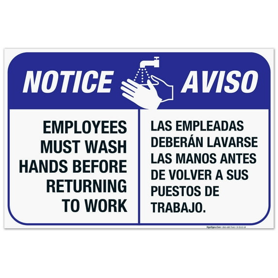 Employees Hand Washing Sign, Bilingual English Spanish, 24x36 Corrugated Plastic