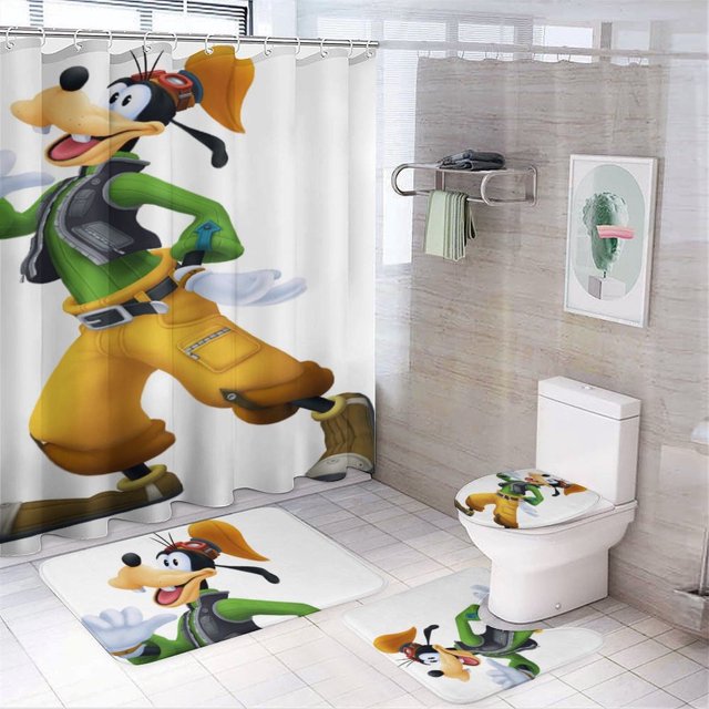 Juego de 4 cortinas de ducha Goofy con alfombrillas antideslizantes, tapa de inodoro y alfombrilla de baño, cortina de ducha impermeable con decoración de dibujos animados para baño con 12 ganchos,