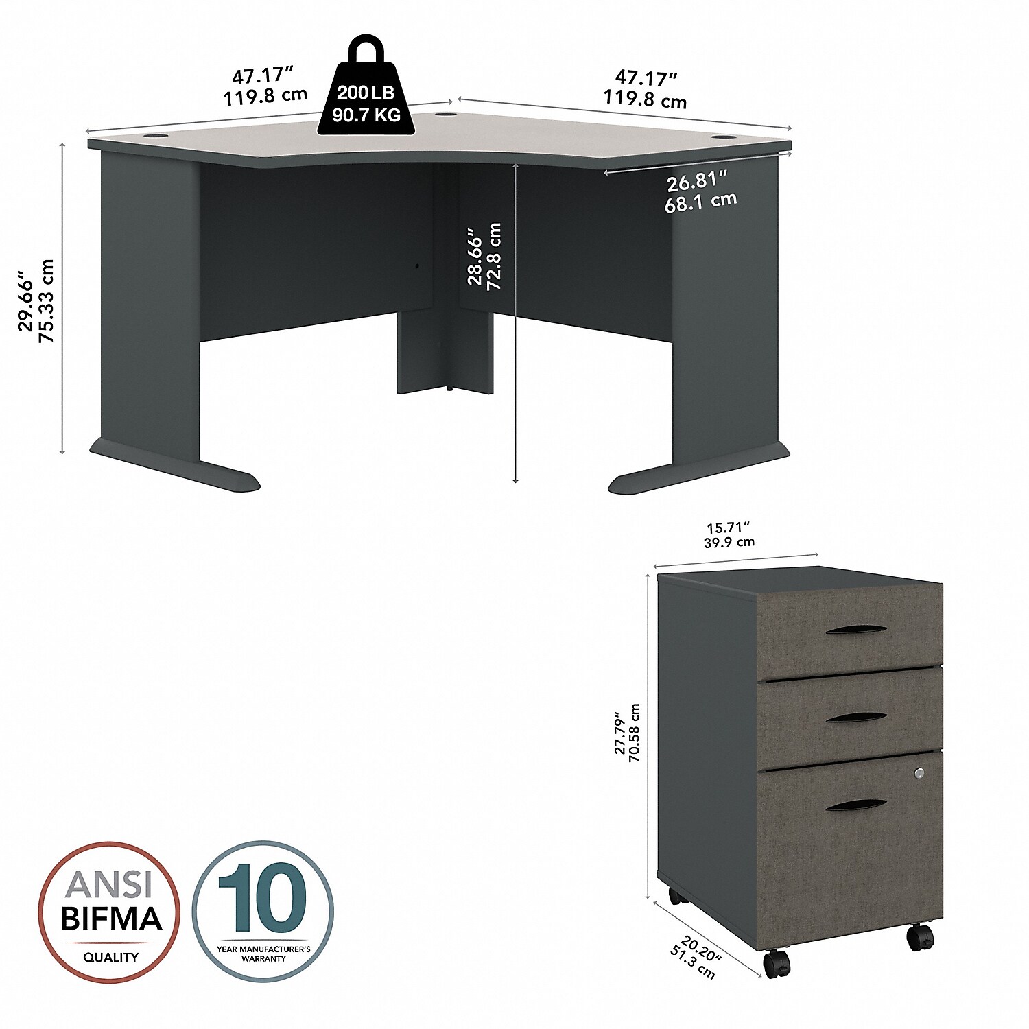 Bush Business Furniture Series A 48W Corner Desk with Mobile File Cabinet,  Slate/White Spectrum