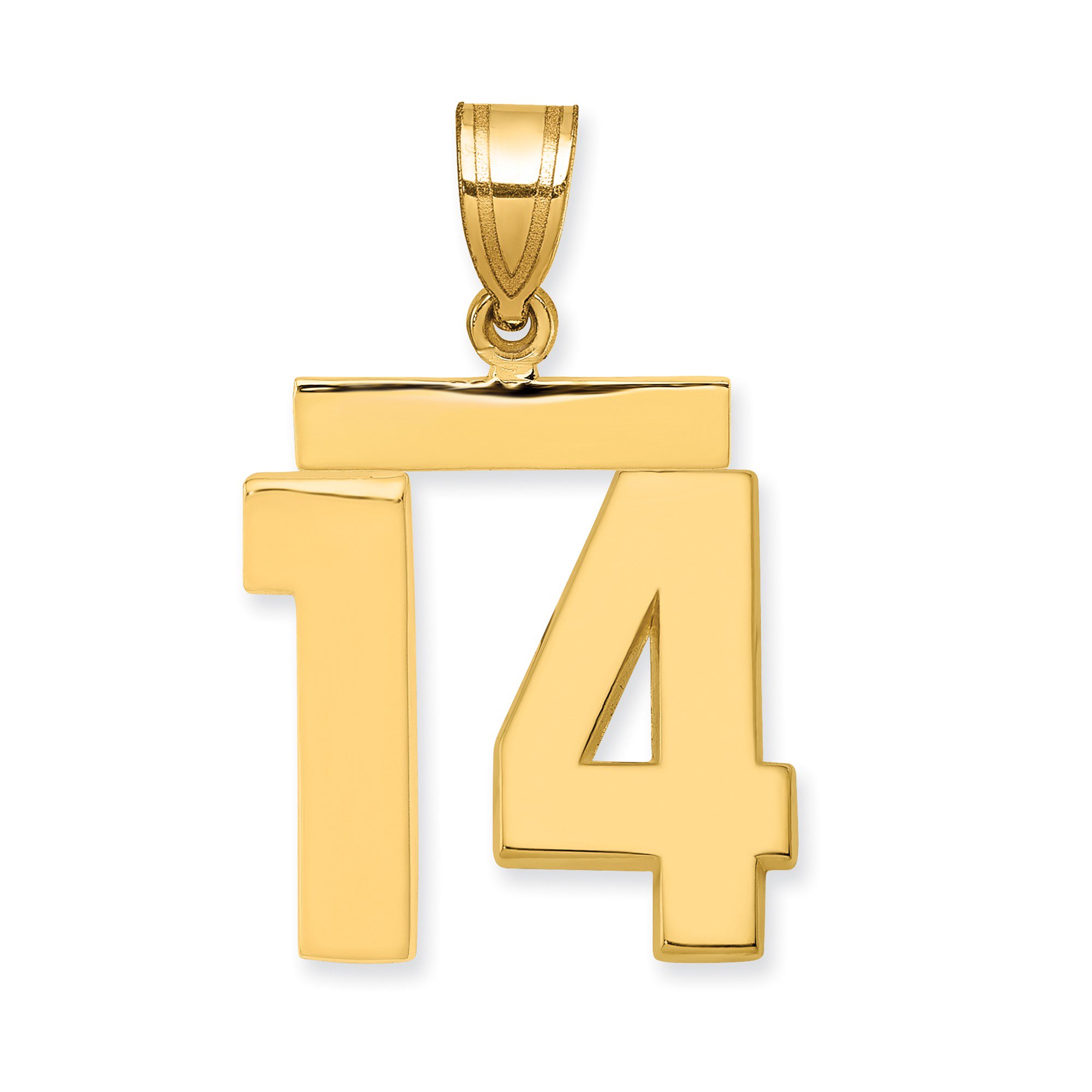 14k Yellow Gold Number 14 Pendant, Bold Block Numeric Charm for Men or Women, Polished Milestone Necklace for Sports Fans, Unisex Personalized Jewelry