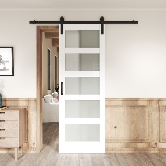 30'' x 84'' 5-Lite Glass Sliding Barn Door White Primer Surface Solid Wood with Hardware Kit