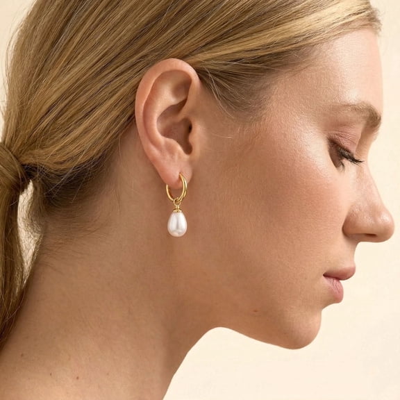 14K Gold Plated Pearl Dangle Earrings for Women, Hypoallergenic Small Pearl Drop Huggie Hoop Earrings, Dainty Trendy Wedding Jewelry Gifts for Daily Party Dating