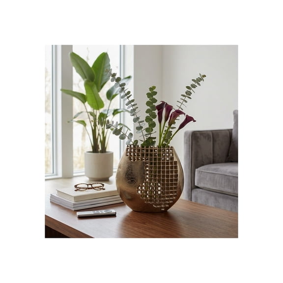 Contemporary Metal Mesh Vase for Living Room Decor - Decorative Flower Vase for Home Decor, Bedroom, and Office Display - Elevate House Accents for Entryway and Console Table - 11", Gold