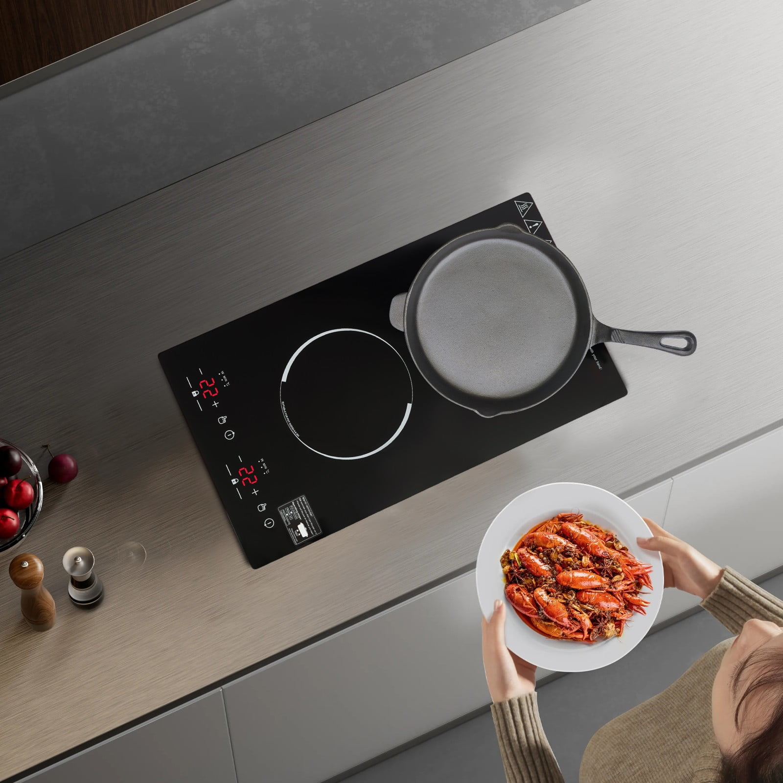 20.08*11.34*3.35 inch Portable Induction Cooker with 2 Burner Independent Control Black for Home Kitchens
