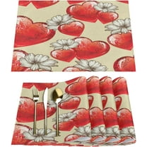 Valentine''s Day Hearts Flowers Placemats Set of 6 Fabric Placemats Square Placemat for Kitchen Table Heat Resistant, Easy to Clean Table Placemats 12x18 Inch