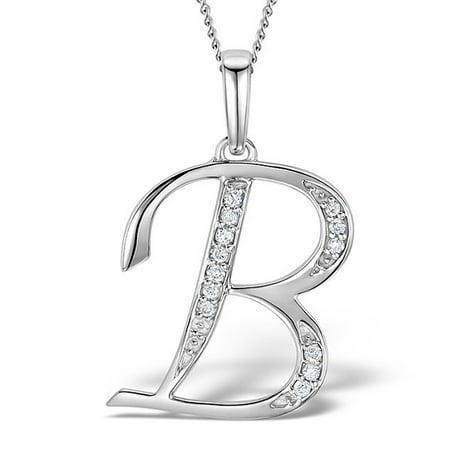 Trillion Designs 0.05Ct Round Cut Natural Diamond Initial B Symbol Pendant Necklace in Sterling Silver