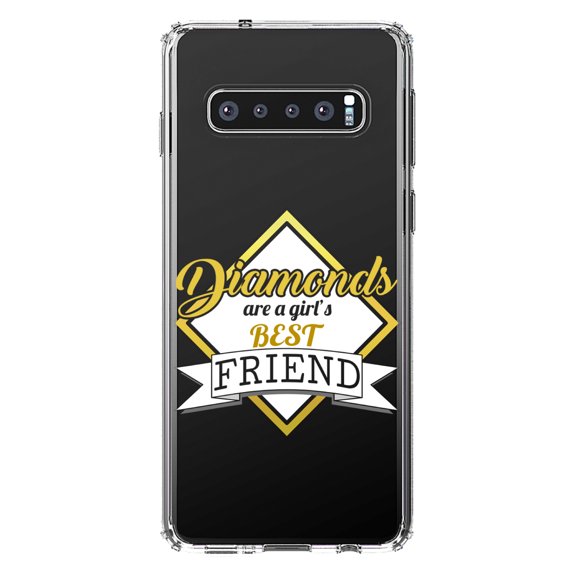 DistinctInk Clear Shockproof Hybrid Case for Samsung Galaxy S10 (6.1" Screen) - TPU Bumper Acrylic Back Tempered Glass Screen Protector - Diamonds Are a Girl's Best Friend