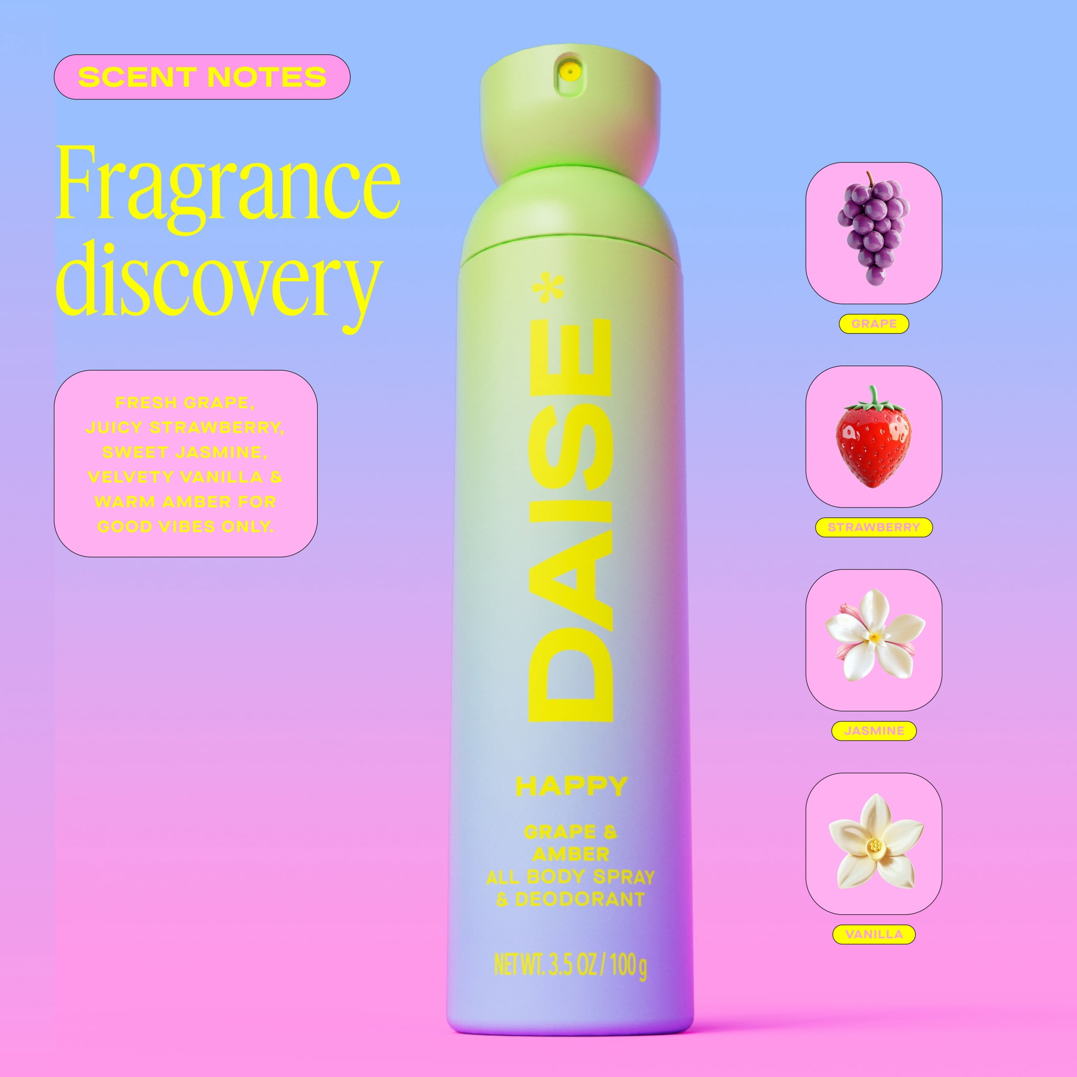 DAISE Spray et déodorant pour tout le corps Happy Daise en raisin et ambre pour une fraîcheur de 24 heures, 3.5 oz/120 mL