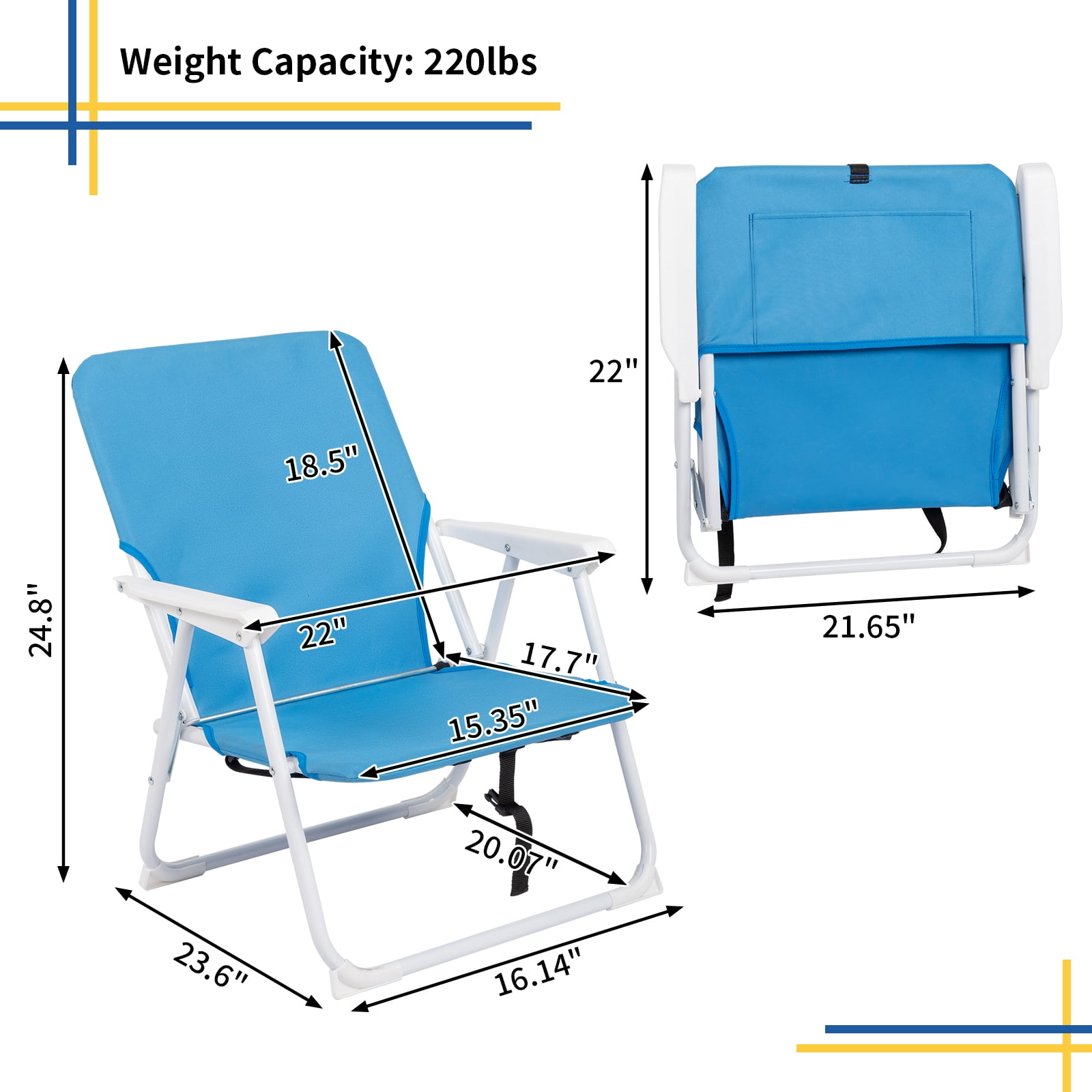 56*60*63cm Load-Bearing 100kg Blue Oxford Cloth White Iron Frame Beach Chair
