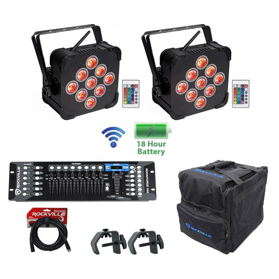 (2) Rockville BEST PAR 60 Rechargable Wash Lights w/ Wireless DMX Bag Controller