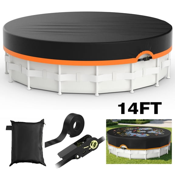 Round Pool Cover, Solar Pool Covers for Above Ground Pools, Summer Pool Cover Protector With Anti-Slip Strap, PE Tarp Ideal for Waterproof and Dustproof, Orange
