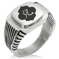 thumbnail image 1 of Stainless Steel Ukita Samurai Crest CZ Ribbed Needle Stripe Pattern Biker Style Polished Ring, 1 of 1