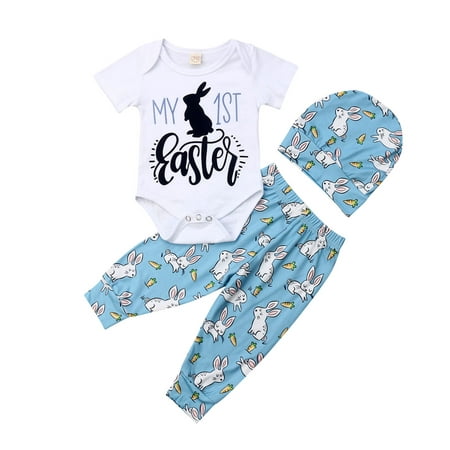 My 1st Easter Newborn Baby Boy Girl Romper Leggings Hat Cotton 3PCS Clothes Outfits