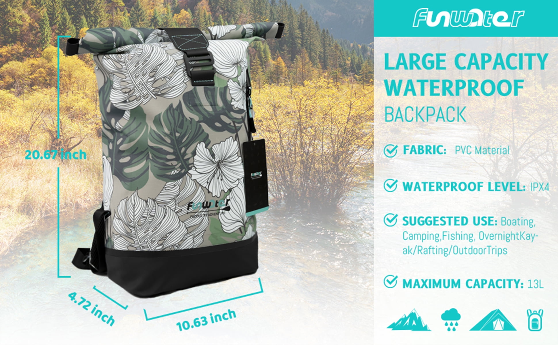 FUNWATER Backpack Waterproof Bag (Leaf Print), 13L Roll Top Green Grey White,Sports Dry Bag, Sealed Zipper Bag for Kayaking, Camping. Unisex